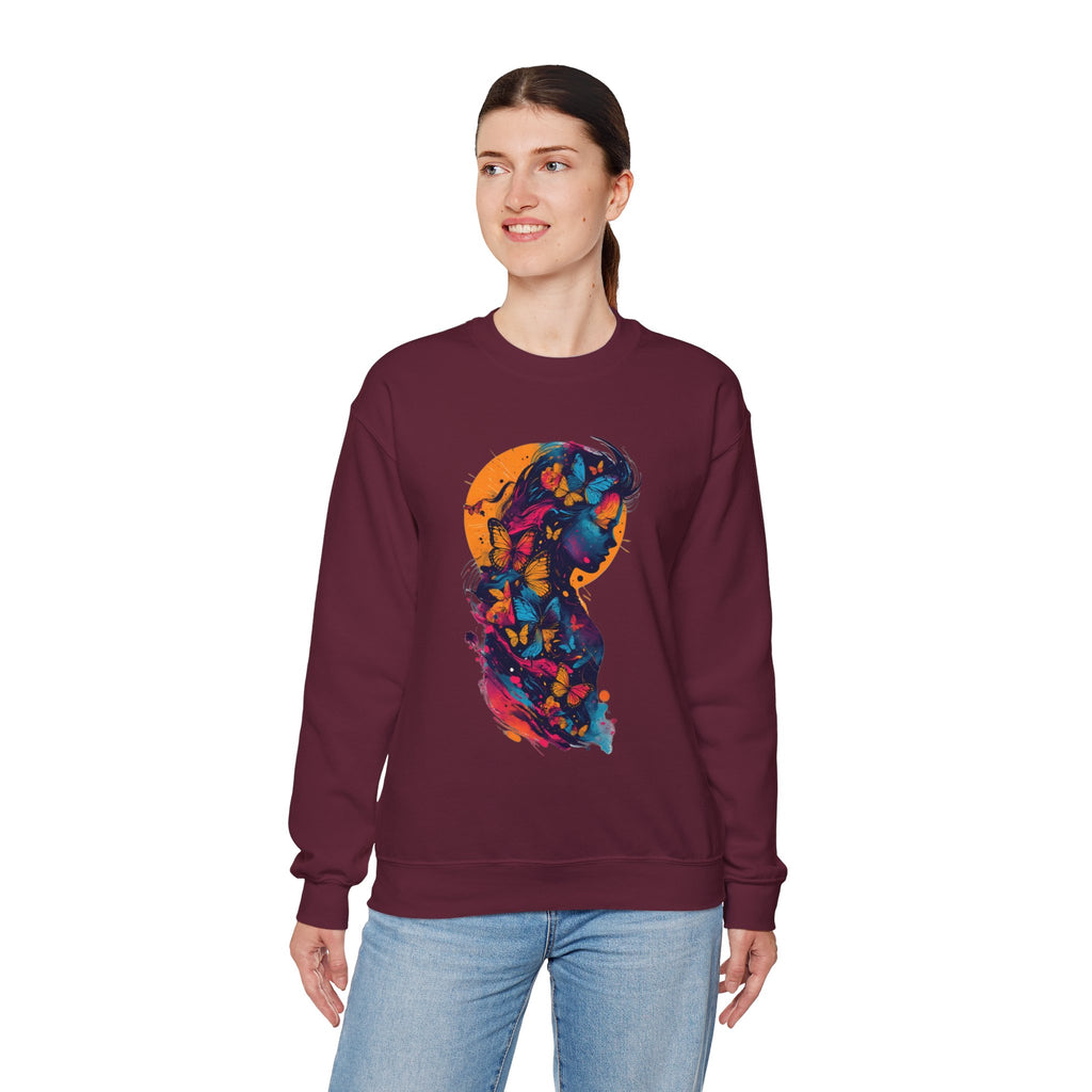 Butterfly Silhouette Crewneck Sweatshirt — Colorful Butterfly Profile Graphic