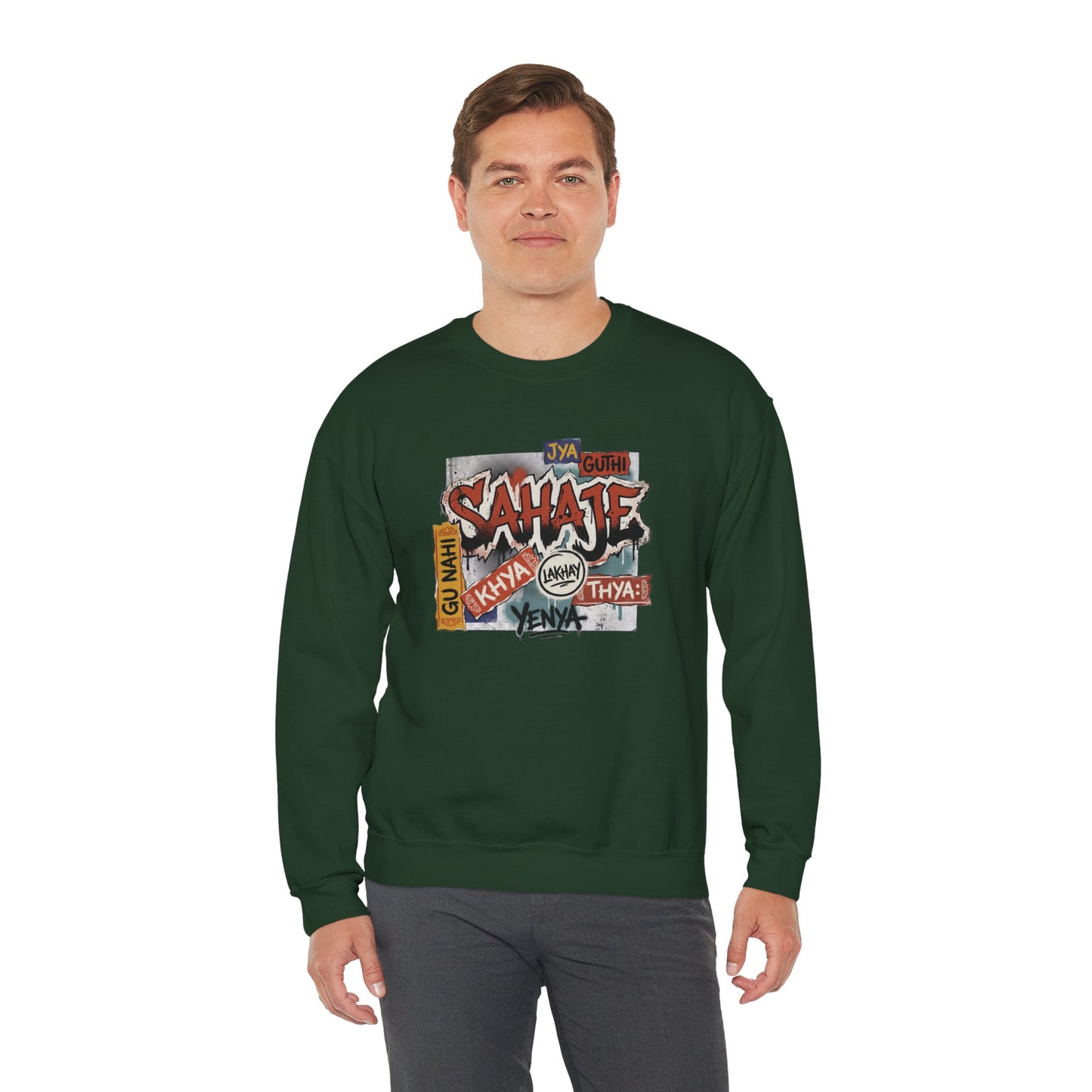 Crewneck Sweatshirt — 'Sahaje' Vintage Sticker Collage Graphic