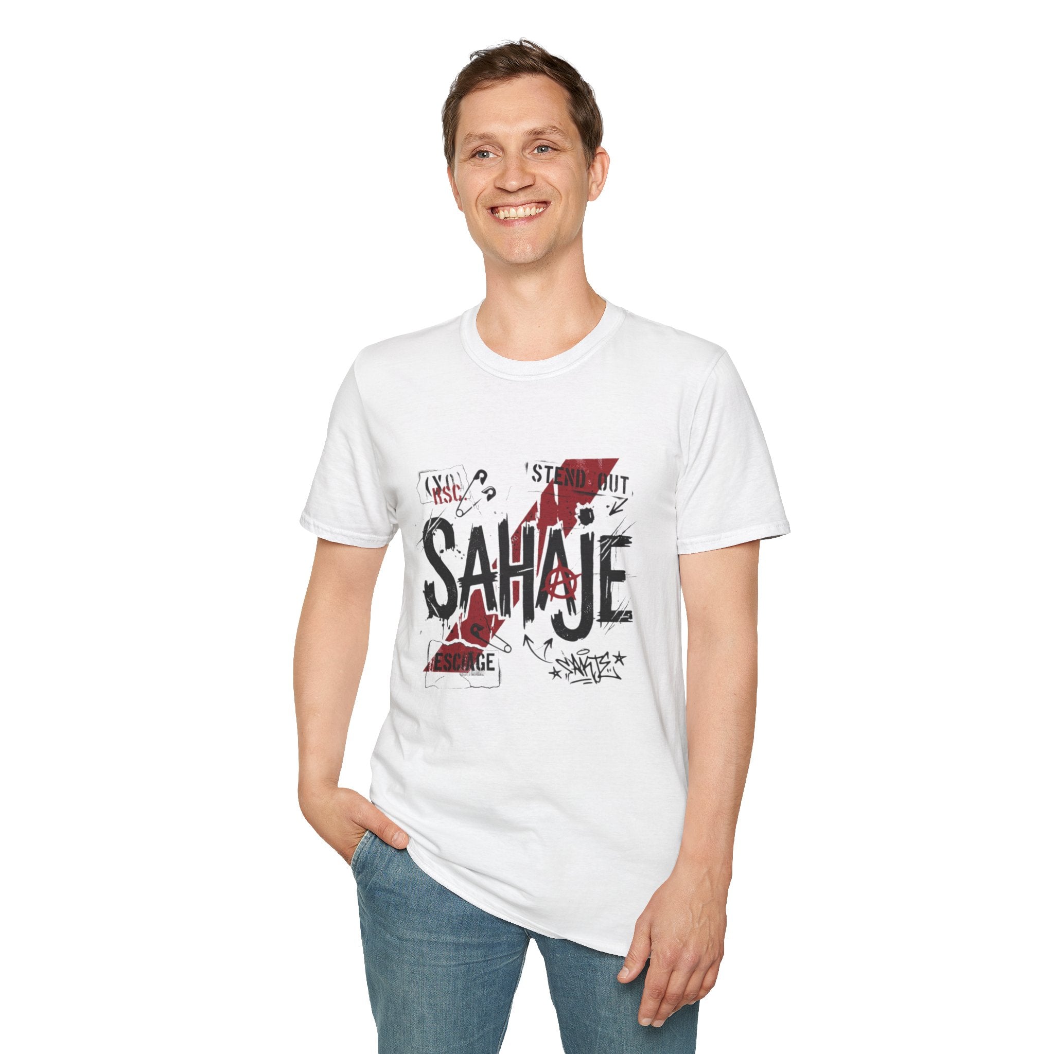 Sahajé Graphic T-Shirt — Bold Streetwear Tee with Red Slash Design