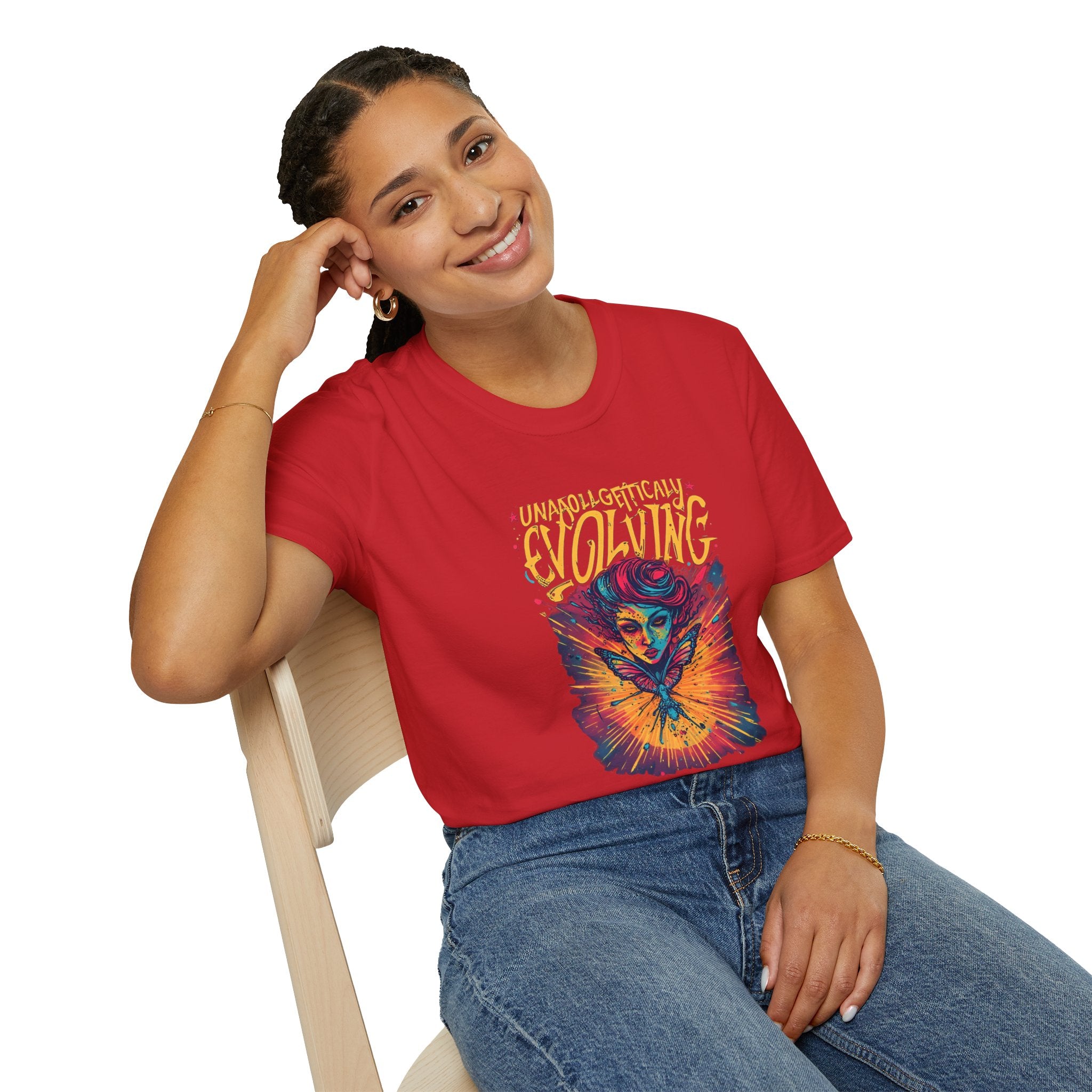 Unapologetically Evolving T-Shirt — Vibrant Butterfly Woman Graphic Tee