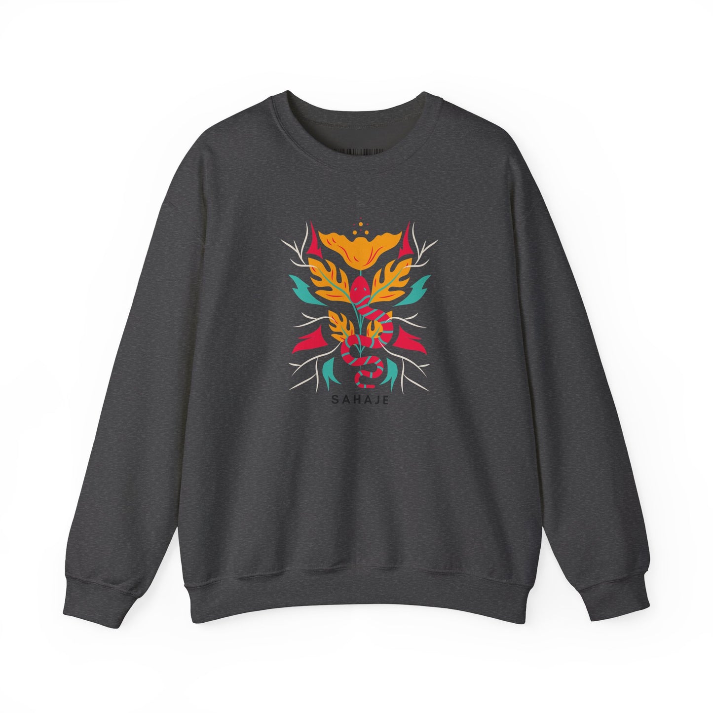Sahajé Floral Snake Crewneck Sweatshirt — Colorful Botanical Serpent Graphic
