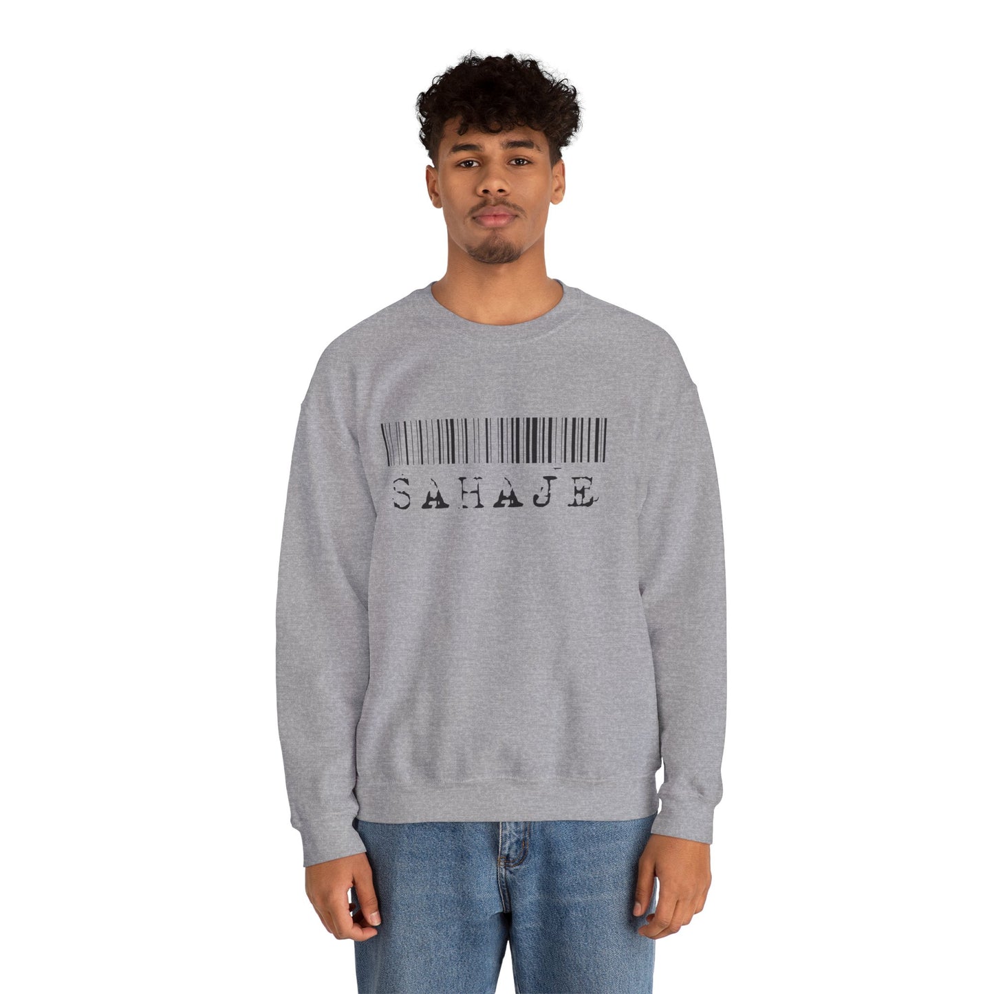 Sahaje Barcode Crewneck Sweatshirt — Minimalist White Graphic Pullover