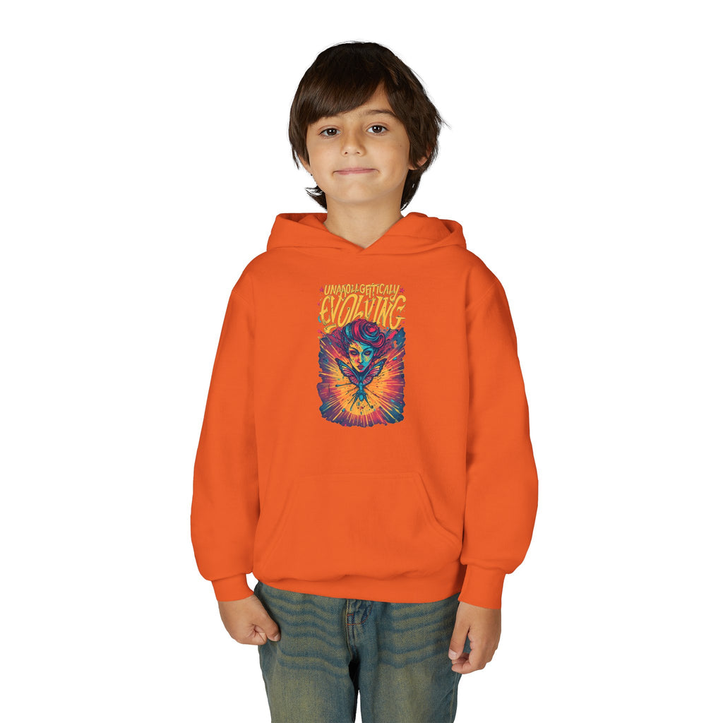 Youth Hoodie — Vibrant 'Evolving' Butterfly Girl Graphic Sweatshirt