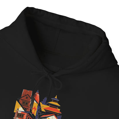 Cityscape Collage Hoodie — Colorful Urban Architecture Graphic Hoodie