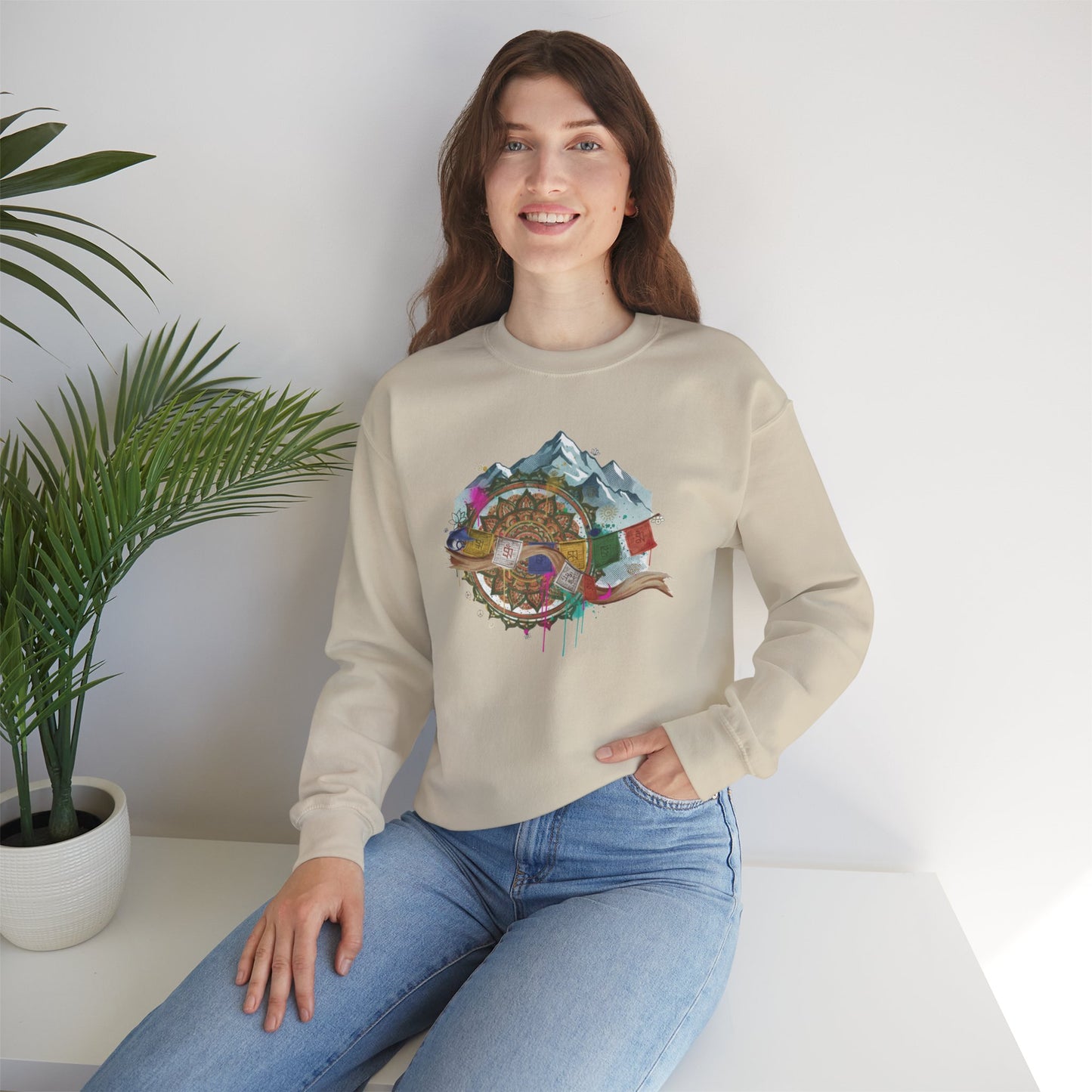 Adventure Mountain Crewneck Sweatshirt — Colorful Hiking Compass & Peaks Design