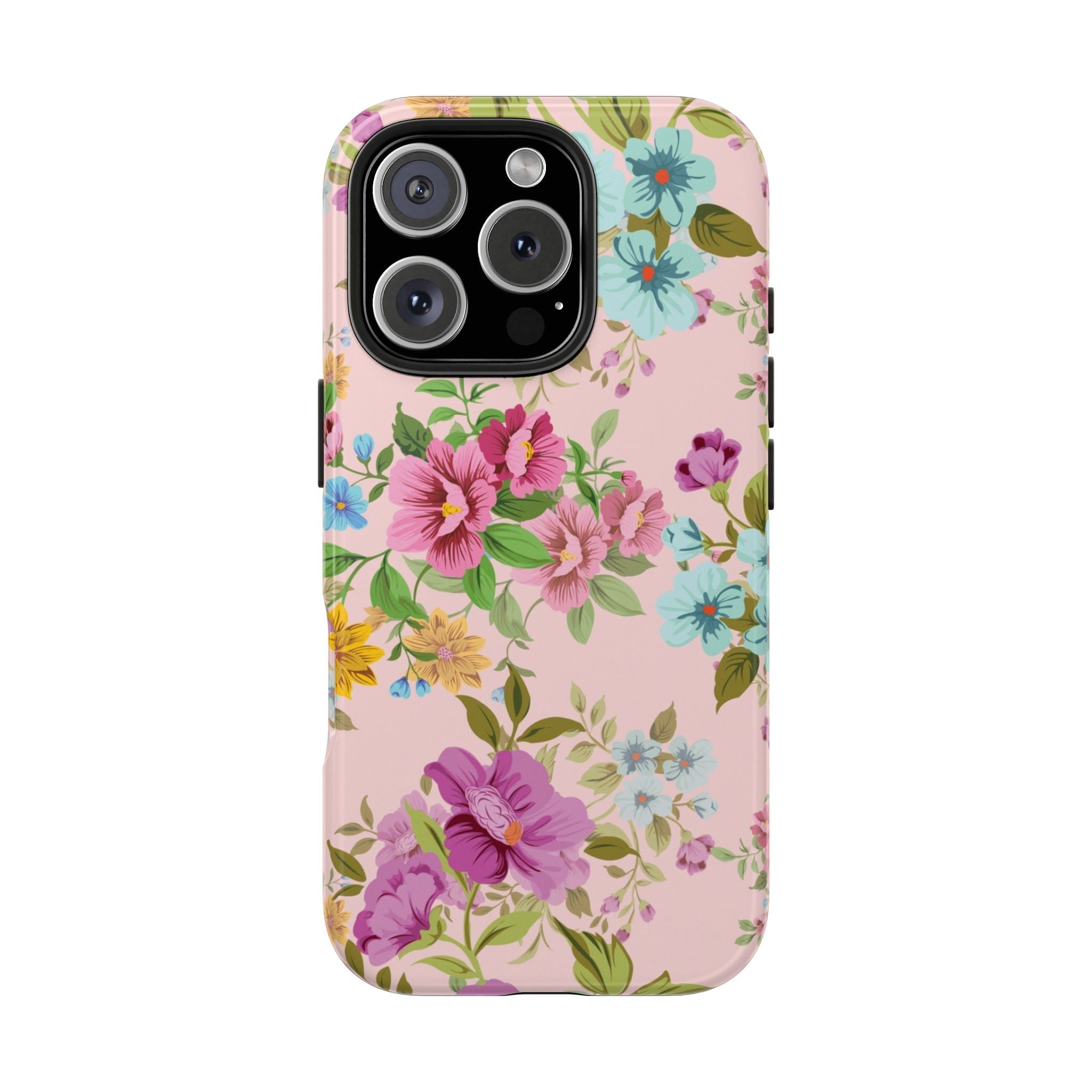 Floral Vintage Tough Phone Case — Pink Rose & Blue Blossom Protective Cover