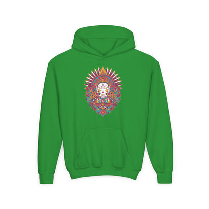 Youth Hoodie with Colorful Sugar Skull Goddess Design — Day of the Dead Kids Pullover