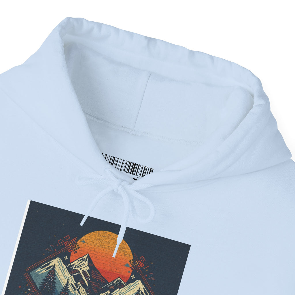 Mountain Sunset Hoodie – Retro Geometric Peaks & Rising Sun Sweatshirt