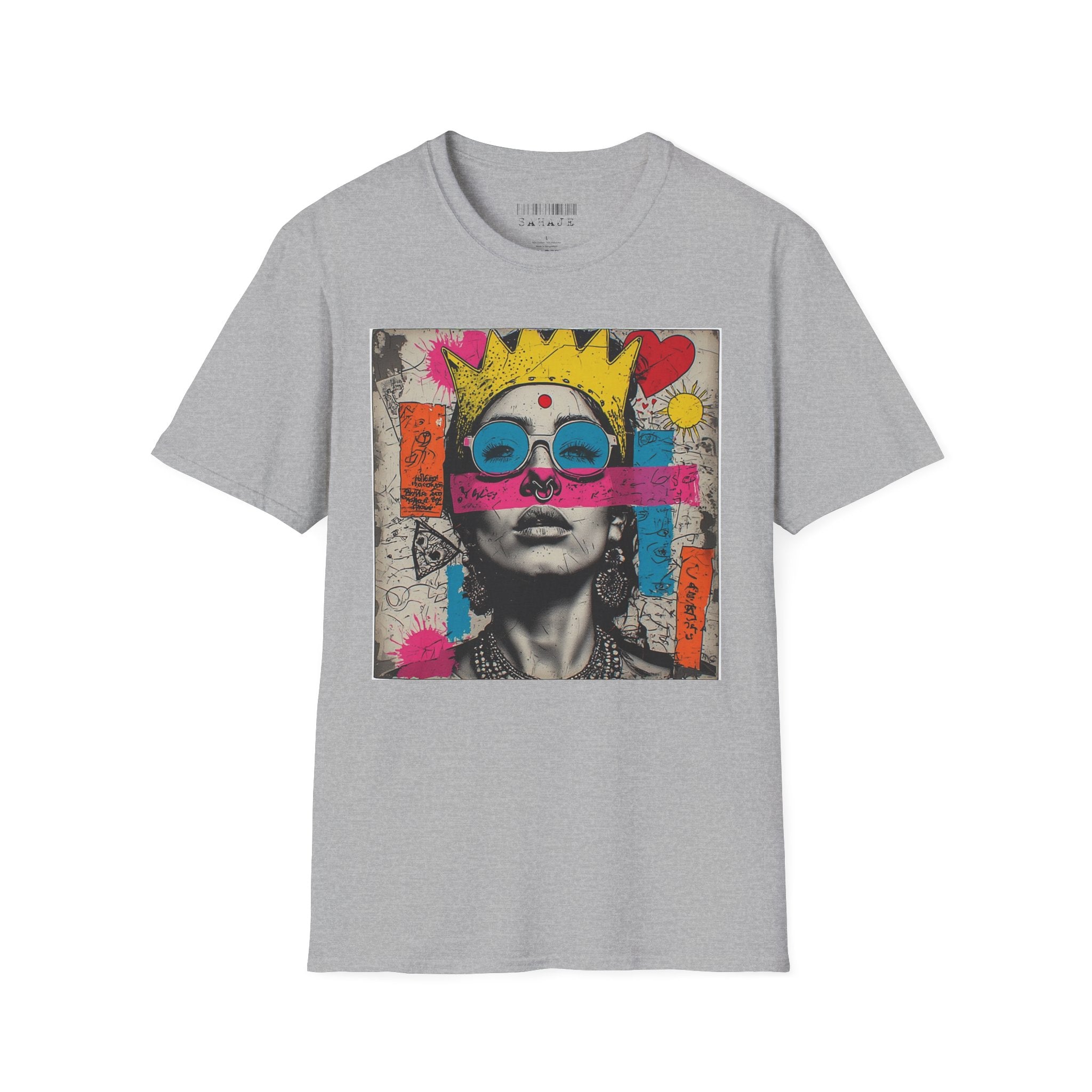 Abstract Pop Art Portrait T-Shirt — Neon Crown & Sunglasses Graphic
