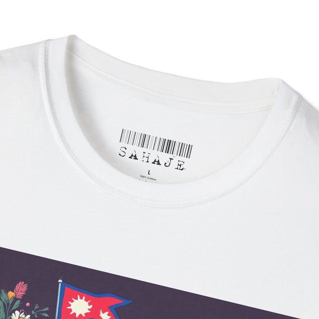 Bicycle Floral T-Shirt – Pink Bike with Baskets & "Sahaje" Text