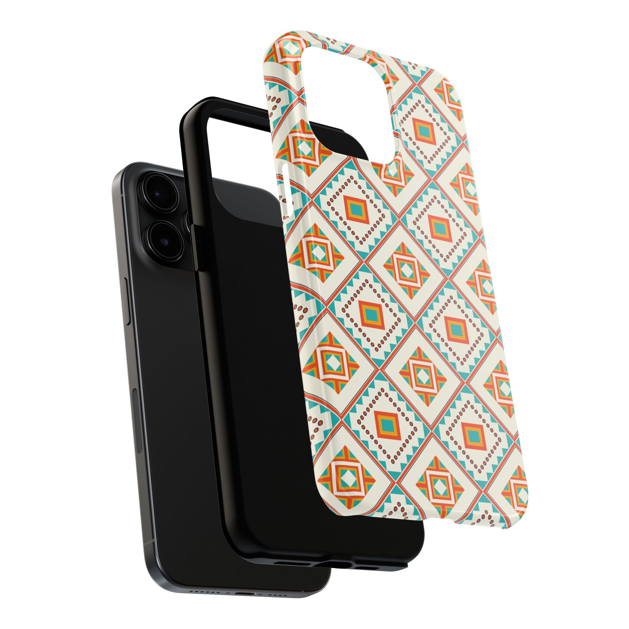 Tough Phone Case — Geometric Retro Tile Pattern, Orange & Teal Protective Cover