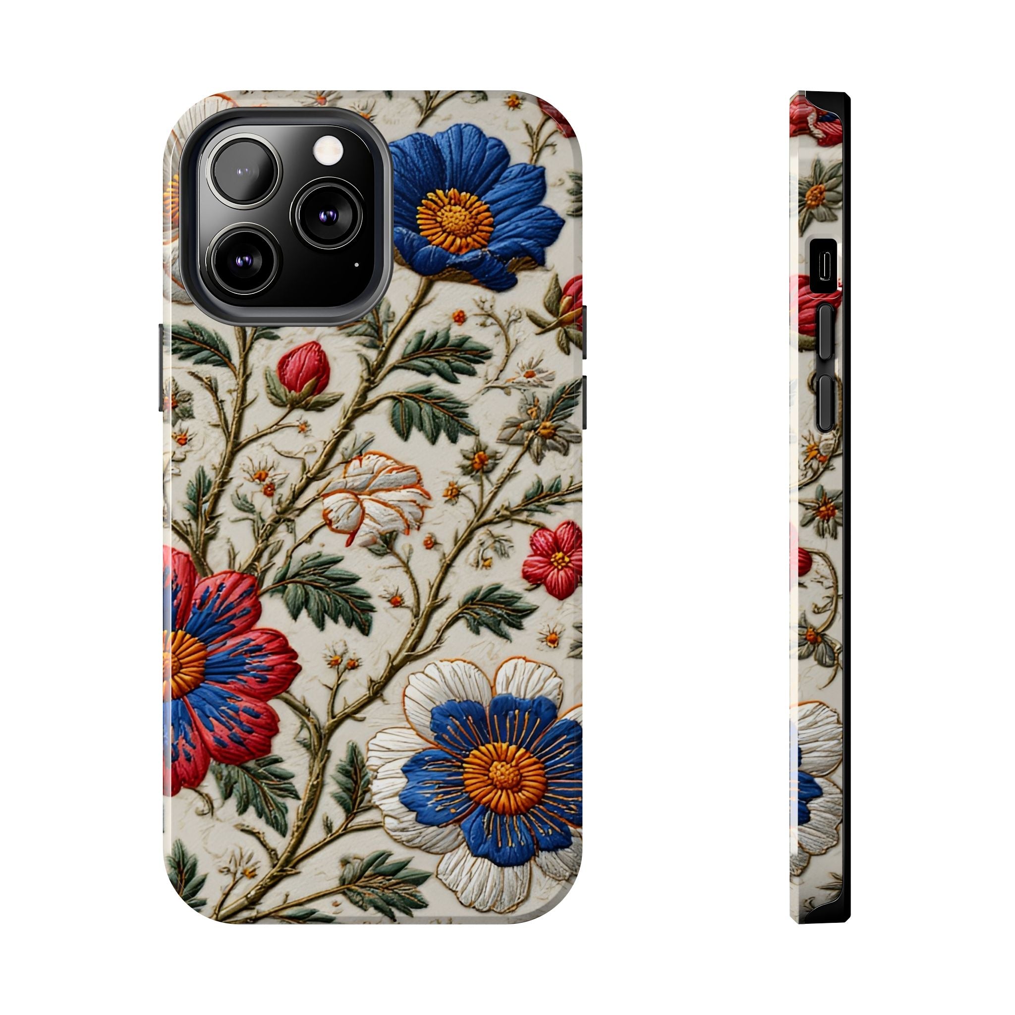 Floral Embroidery Tough Phone Case — Vintage Blue & Red Garden Design