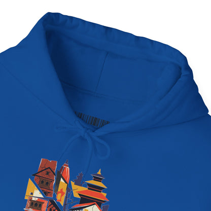 Cityscape Collage Hoodie — Colorful Urban Architecture Graphic Hoodie