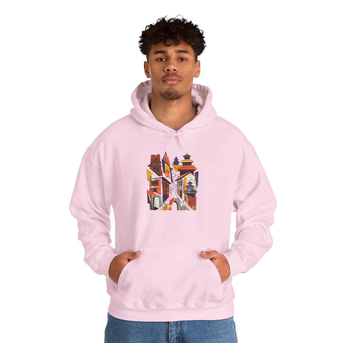 Cityscape Collage Hoodie — Colorful Urban Architecture Graphic Hoodie