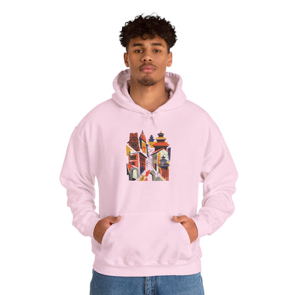 Cityscape Collage Hoodie — Colorful Urban Architecture Graphic Hoodie