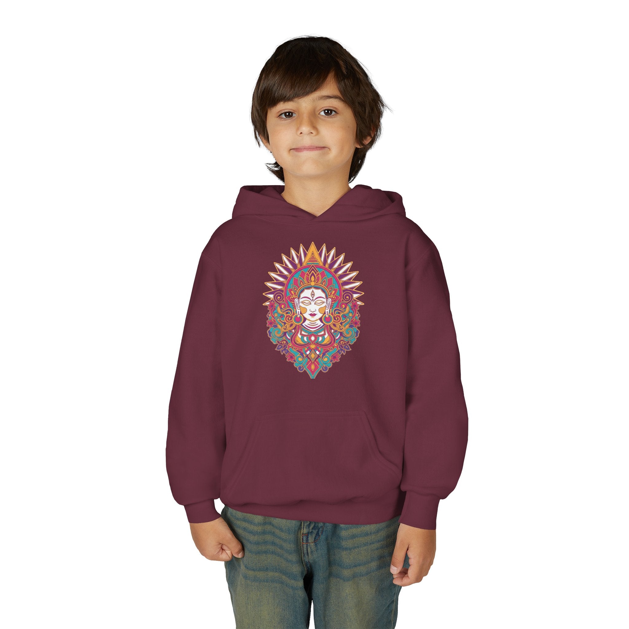 Youth Hoodie with Colorful Sugar Skull Goddess Design — Day of the Dead Kids Pullover