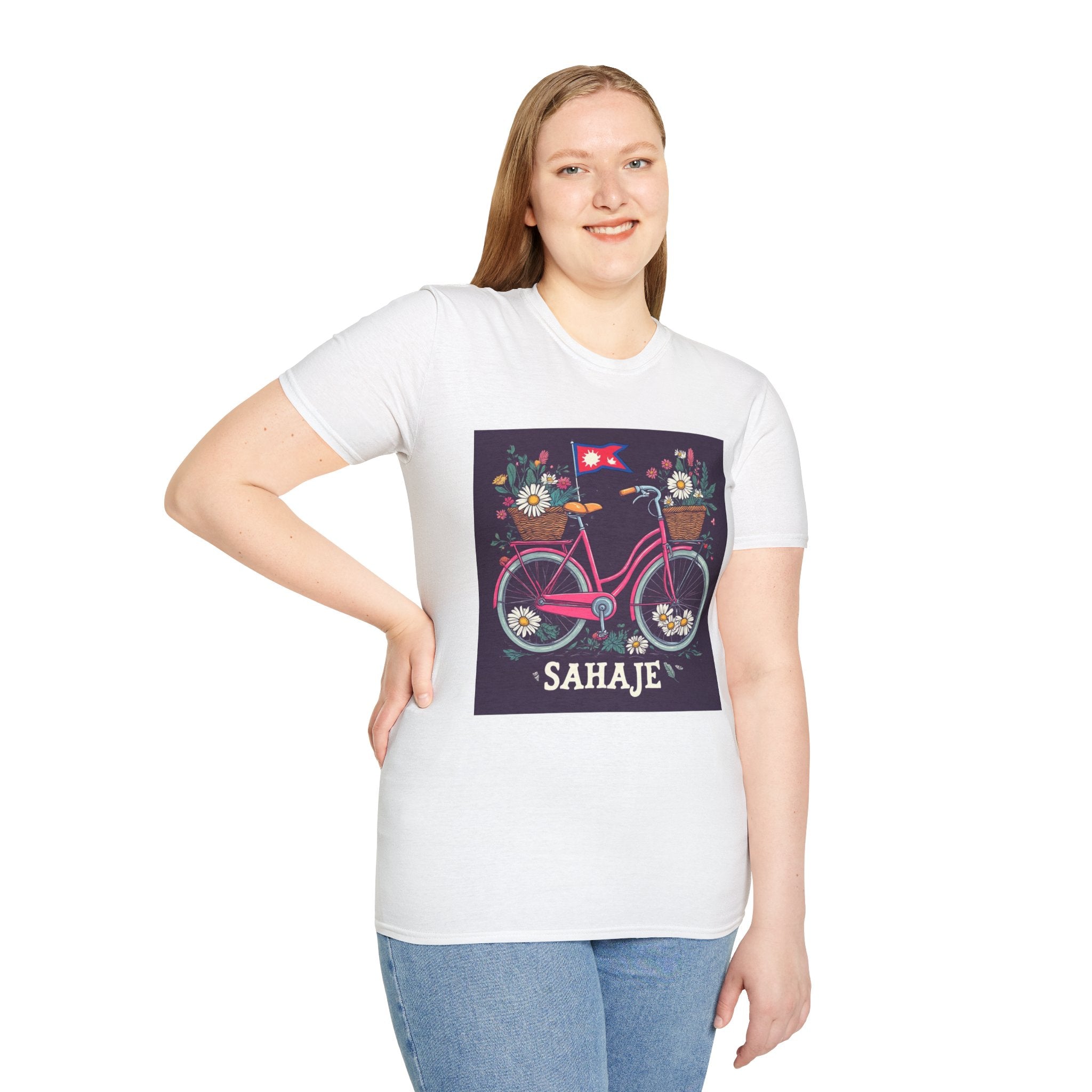 Bicycle Floral T-Shirt – Pink Bike with Baskets & "Sahaje" Text