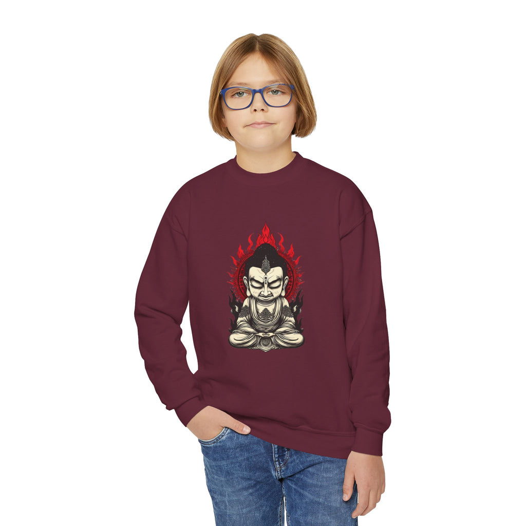 Flaming Meditating Buddha Youth Crewneck Sweatshirt — Zen Graphic Sweater for Kids