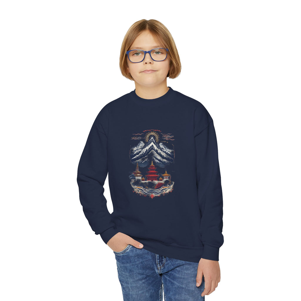 Youth Mountain Holiday Crewneck Sweatshirt — Cozy Winter Tree Graphic
