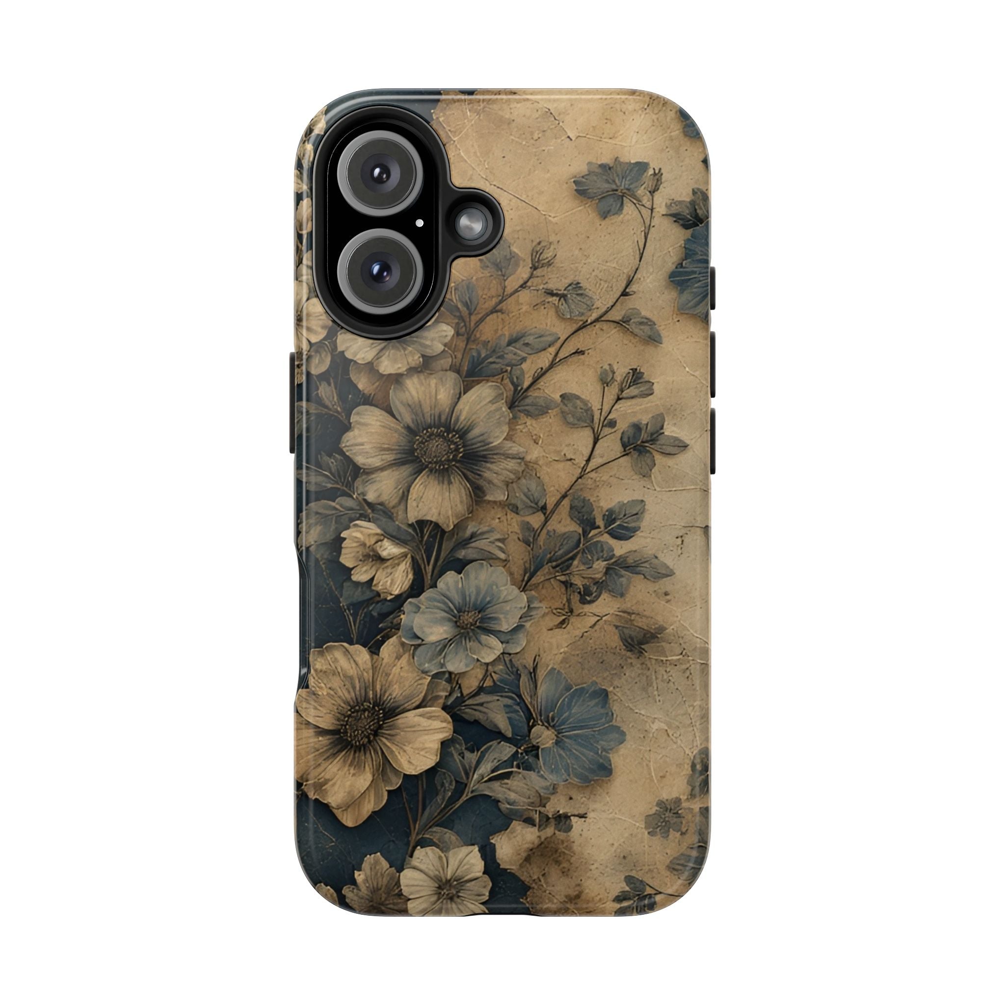 Vintage Floral Tough Phone Case — Antique Beige & Navy Protective Cover