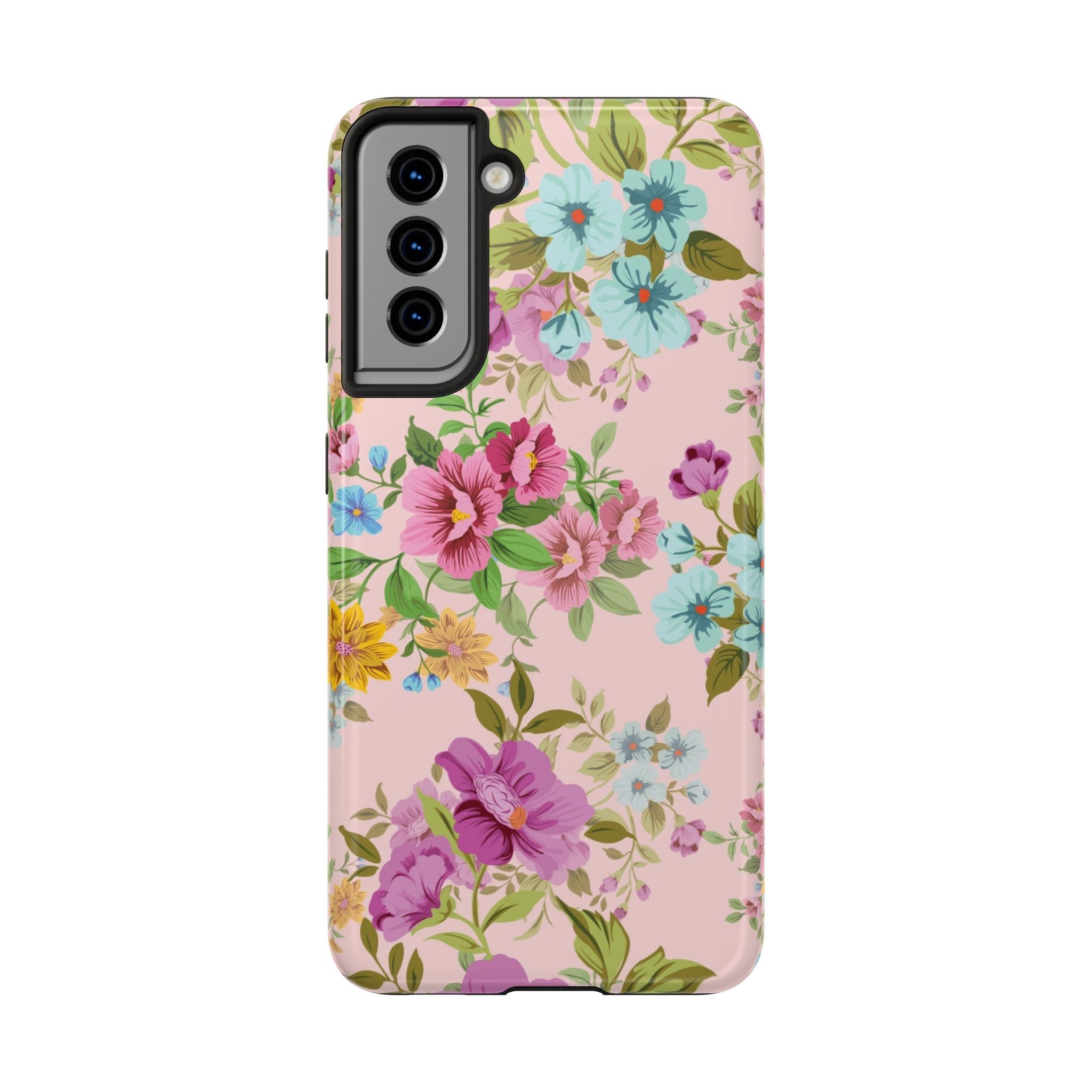 Floral Vintage Tough Phone Case — Pink Rose & Blue Blossom Protective Cover