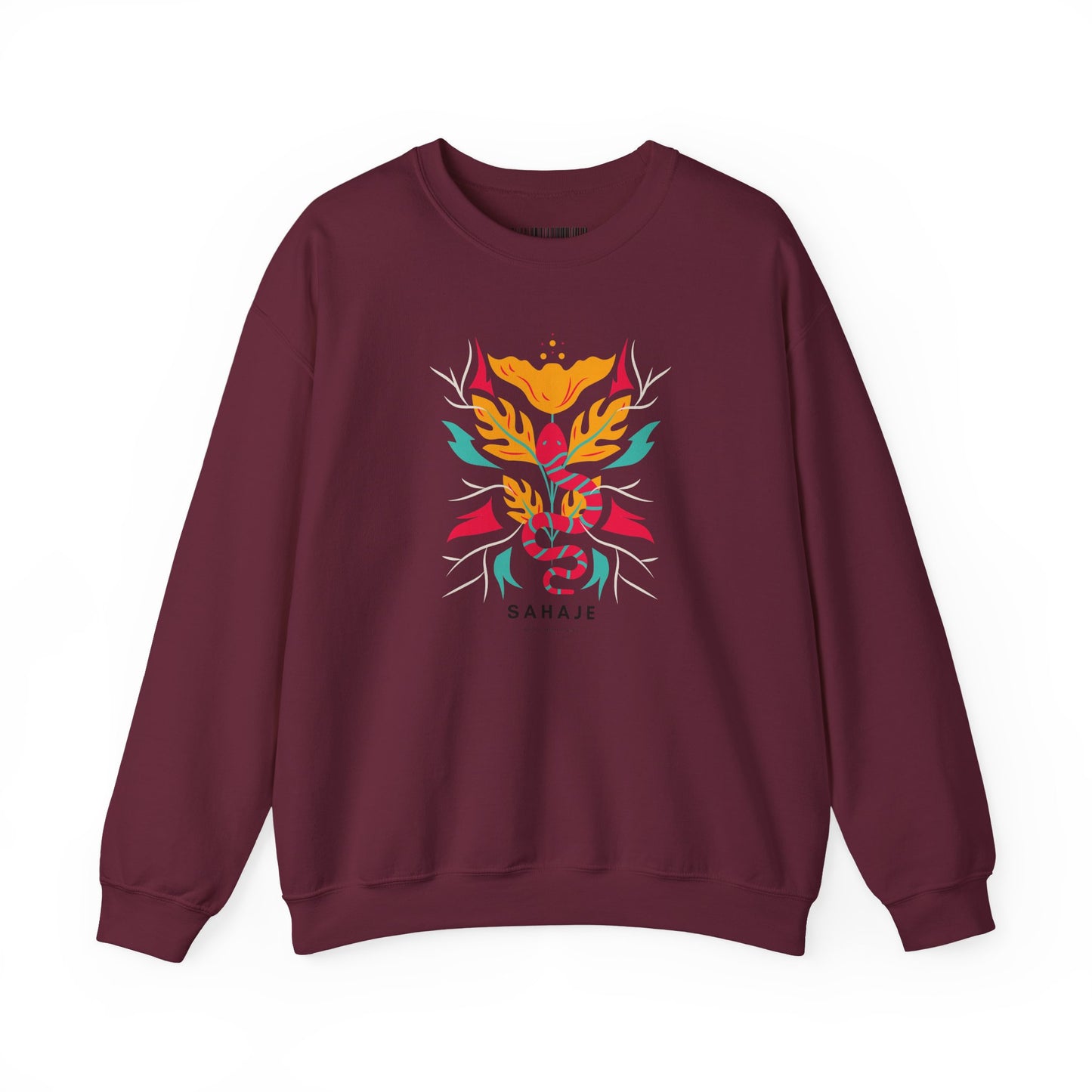 Sahajé Floral Snake Crewneck Sweatshirt — Colorful Botanical Serpent Graphic