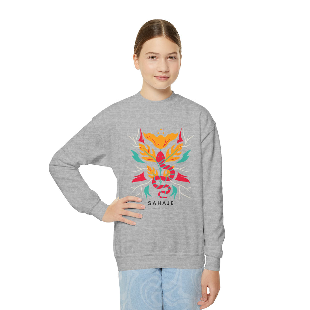 Youth Crewneck Sweatshirt — Vibrant Floral Snake Graphic “SAHAJE”
