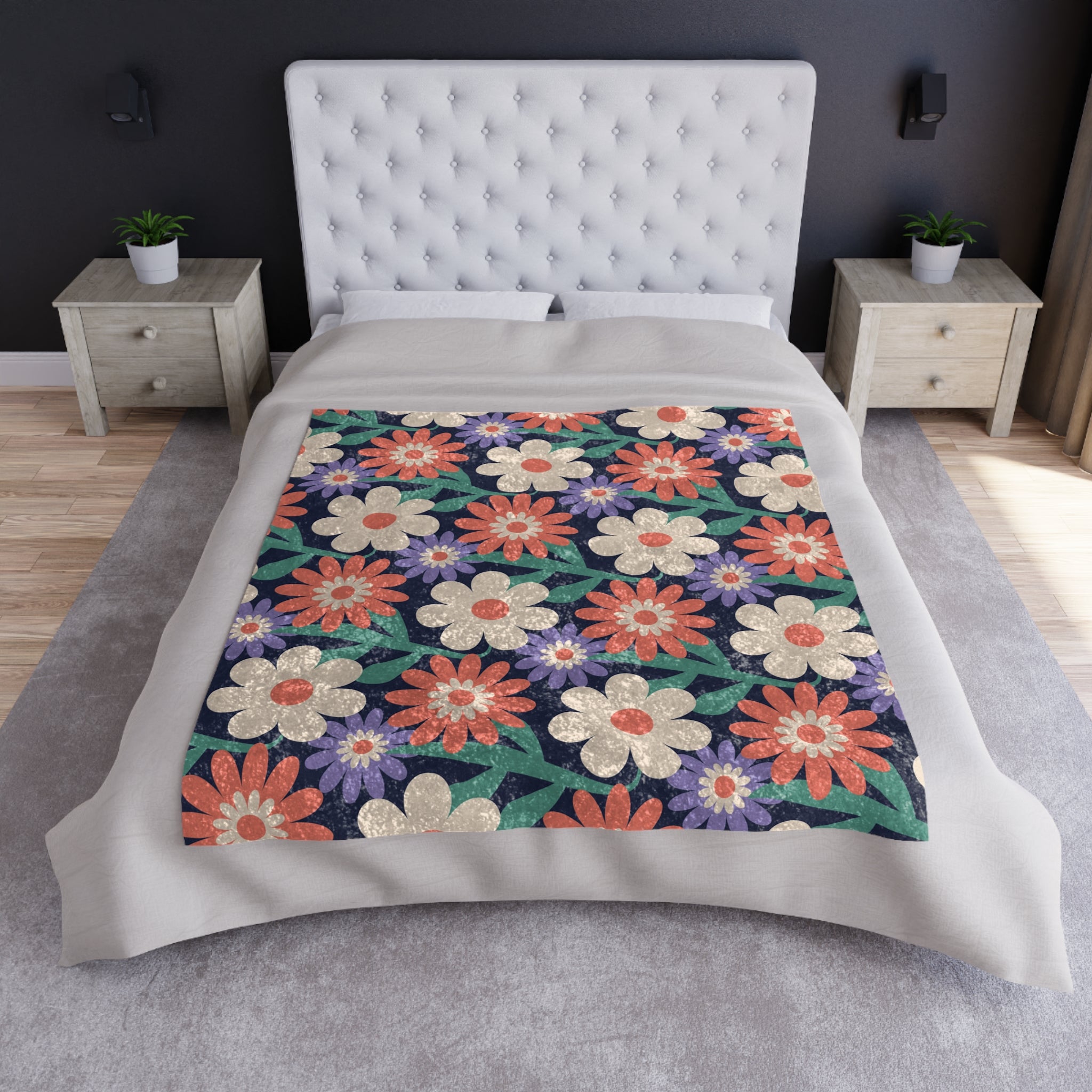 Crushed Velvet Floral Throw Blanket — Retro Daisy Pattern Plush Blanket