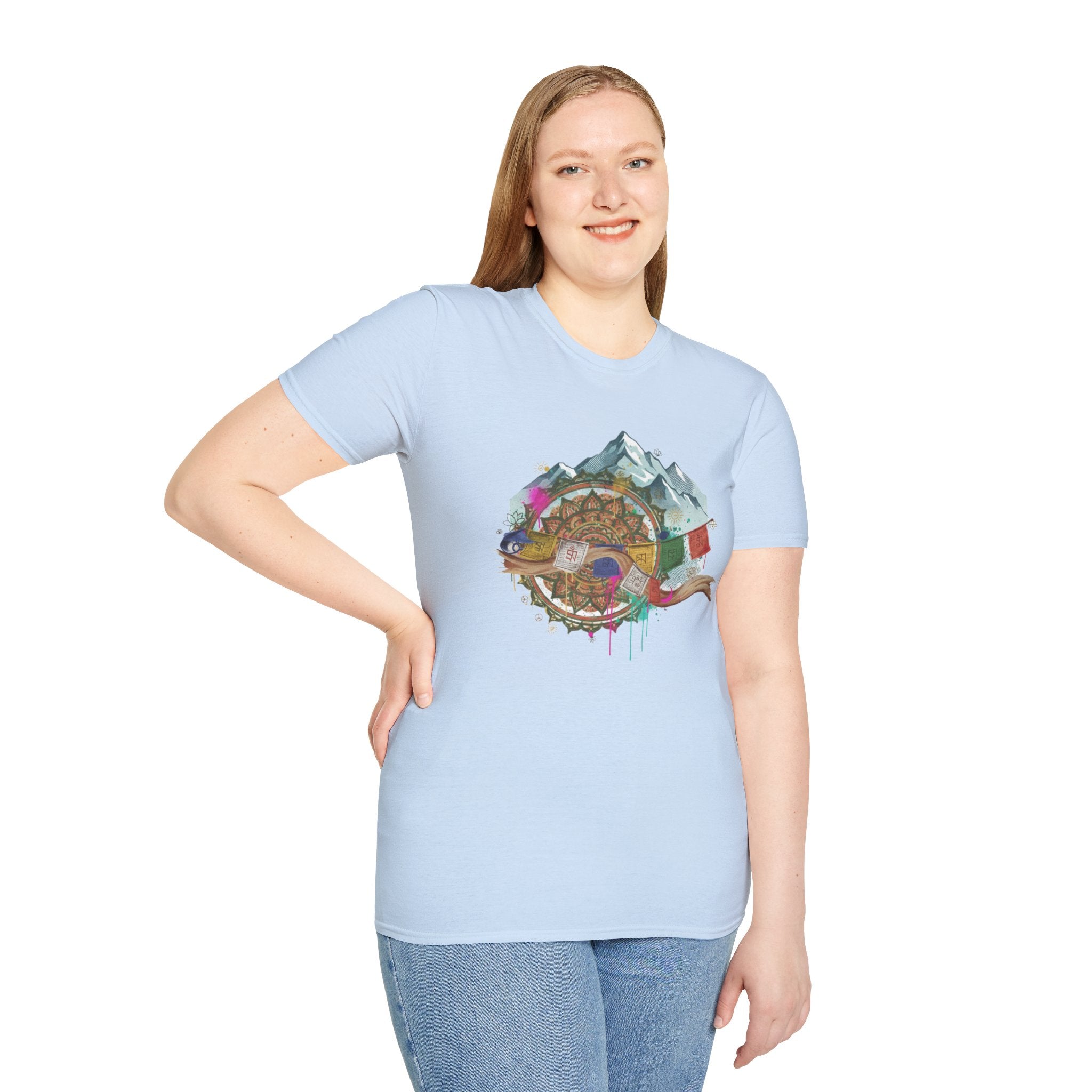 Adventure Compass T-Shirt — Mountain Compass with Prayer Flags & Colorful Globe