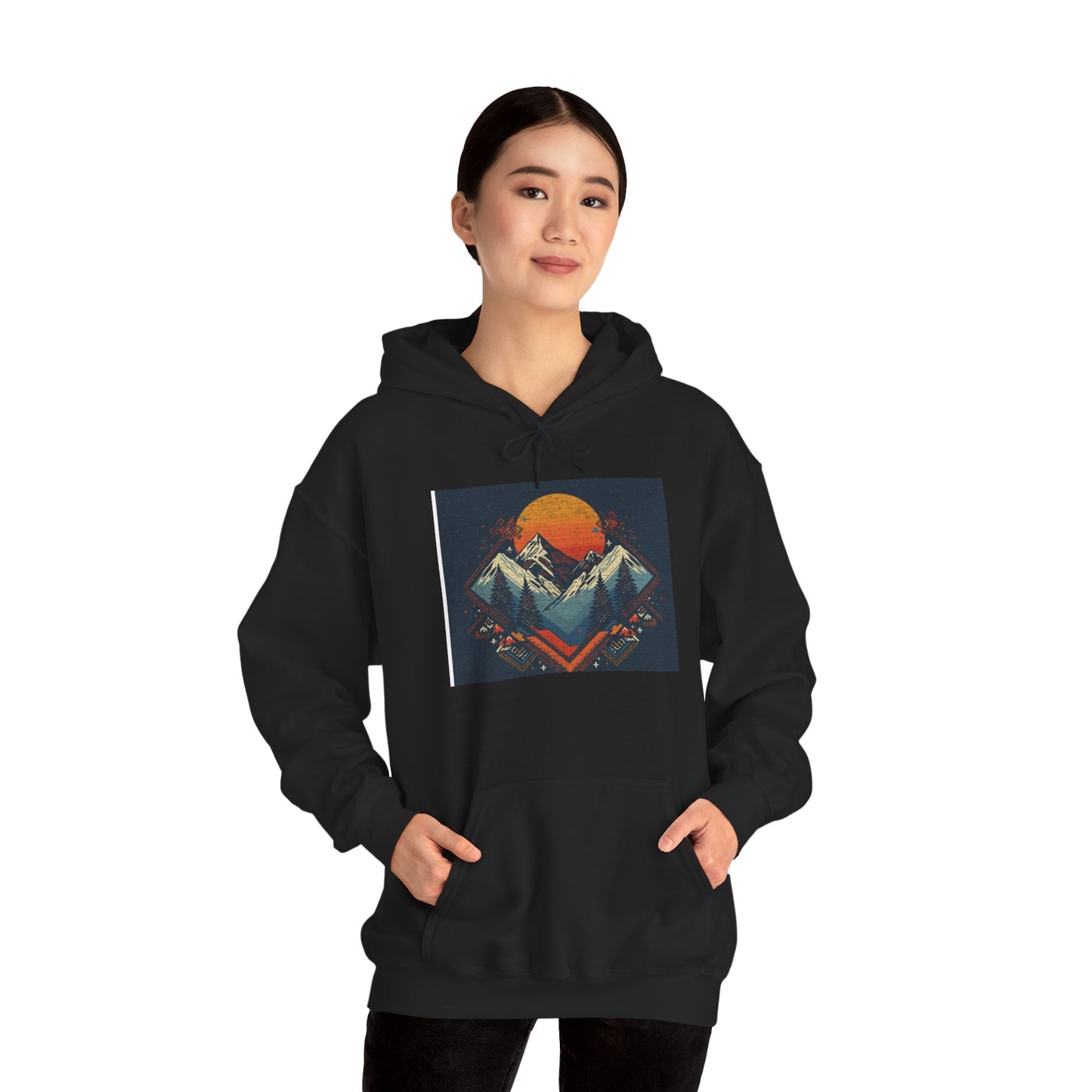 Mountain Sunset Hoodie – Retro Geometric Peaks & Rising Sun Sweatshirt
