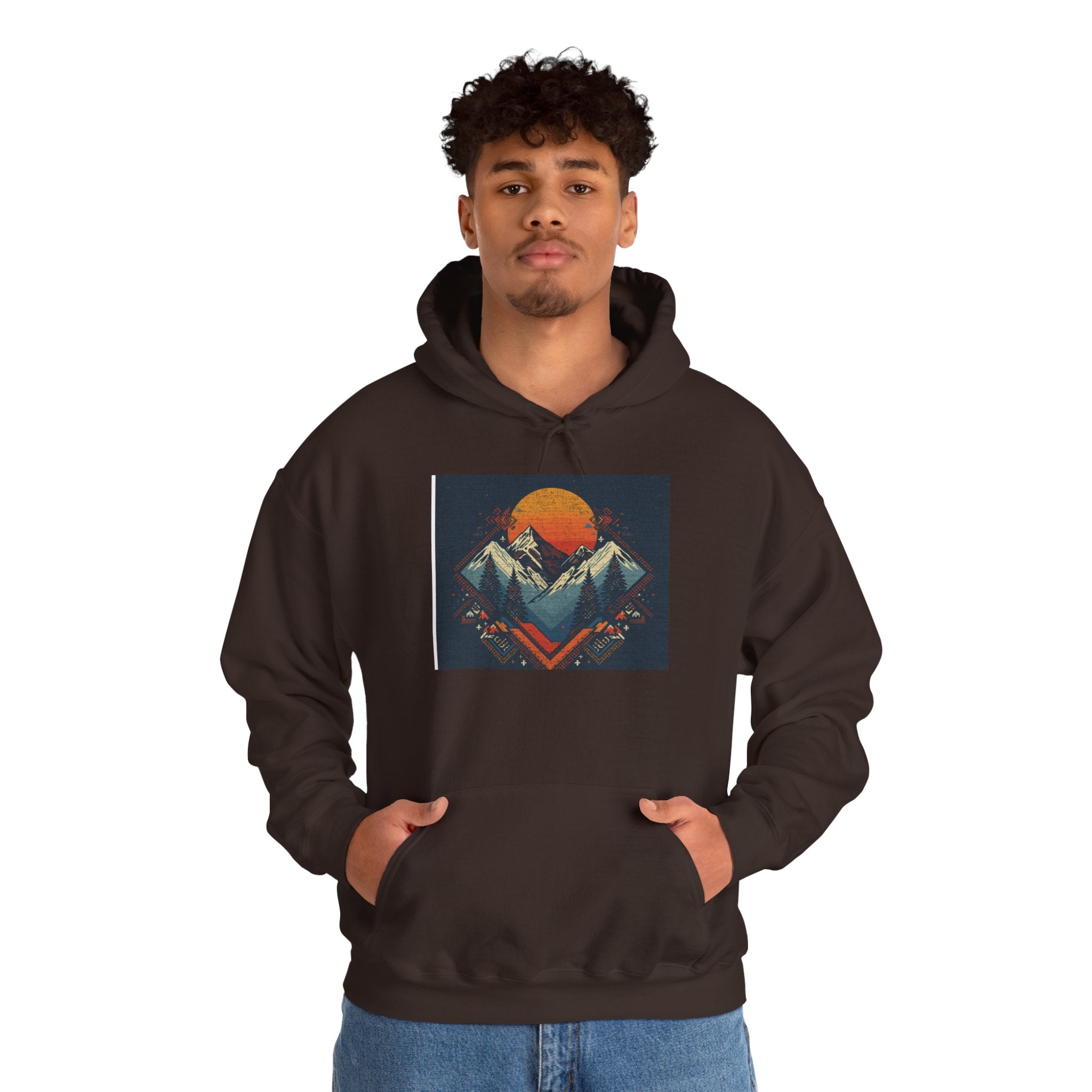 Mountain Sunset Hoodie – Retro Geometric Peaks & Rising Sun Sweatshirt