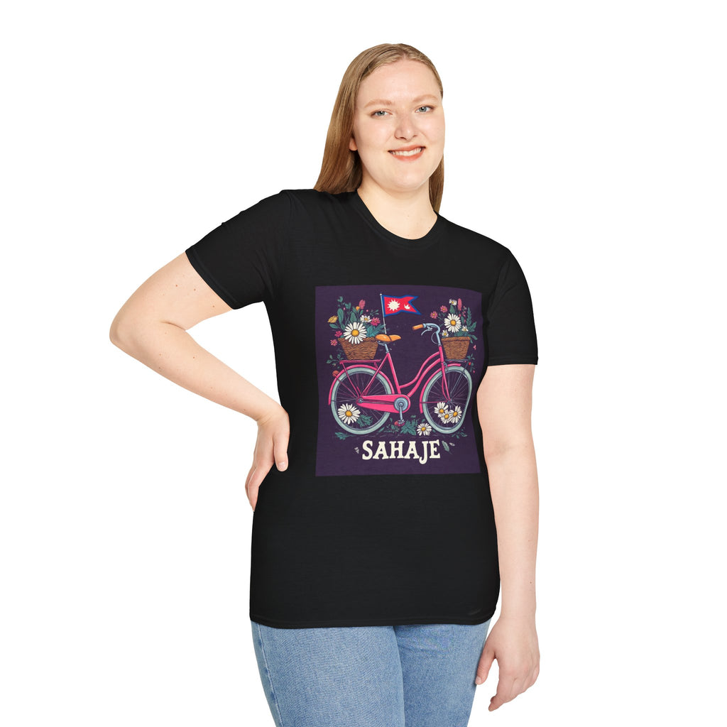 Bicycle Floral T-Shirt – Pink Bike with Baskets & "Sahaje" Text