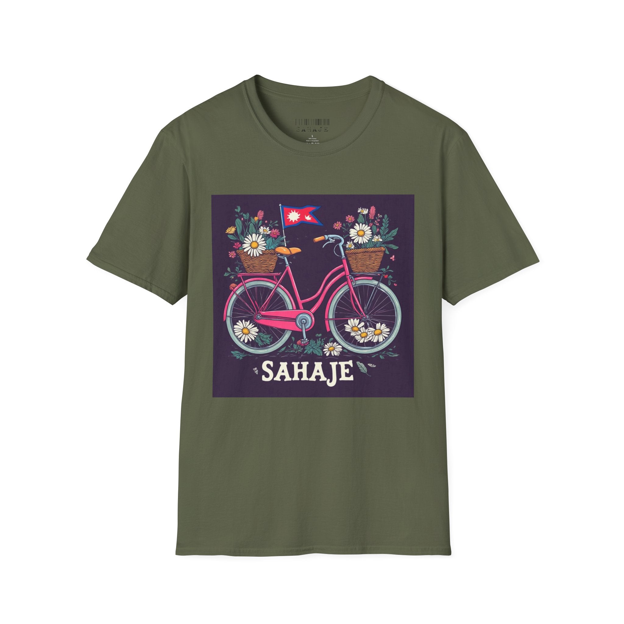 Bicycle Floral T-Shirt – Pink Bike with Baskets & "Sahaje" Text