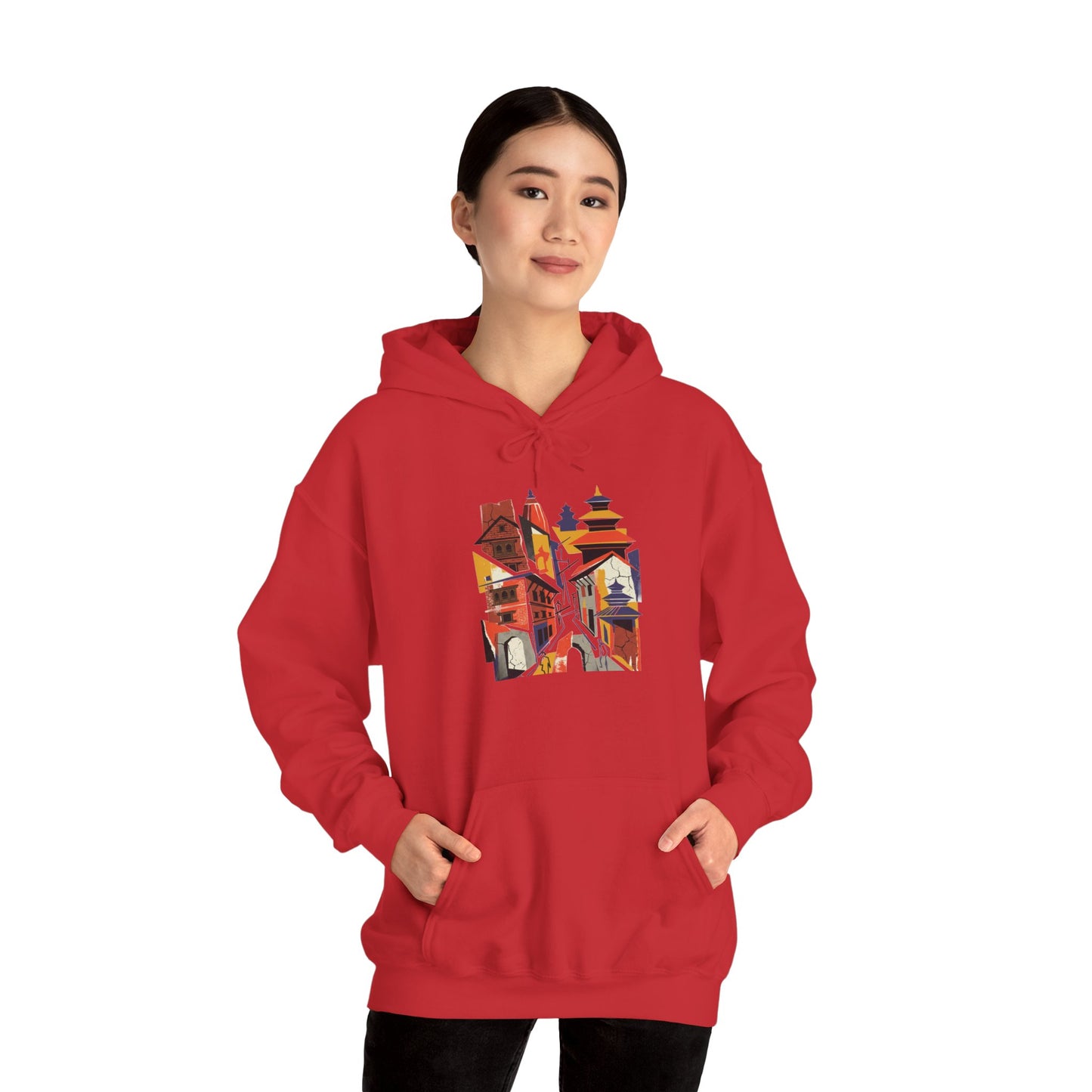 Cityscape Collage Hoodie — Colorful Urban Architecture Graphic Hoodie