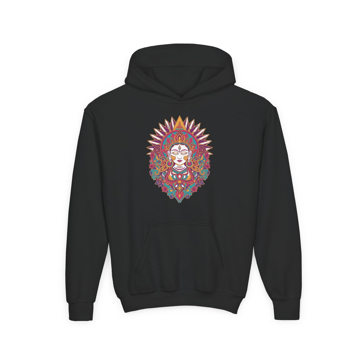 Youth Hoodie with Colorful Sugar Skull Goddess Design — Day of the Dead Kids Pullover