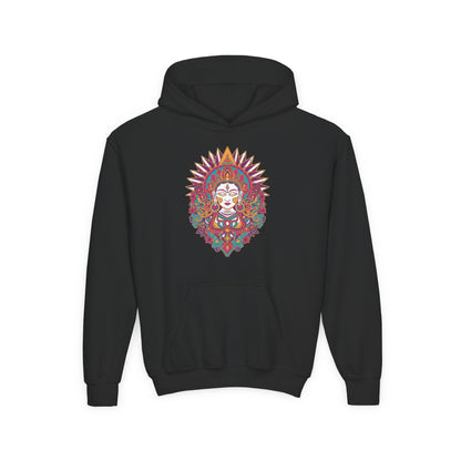 Youth Hoodie with Colorful Sugar Skull Goddess Design — Day of the Dead Kids Pullover