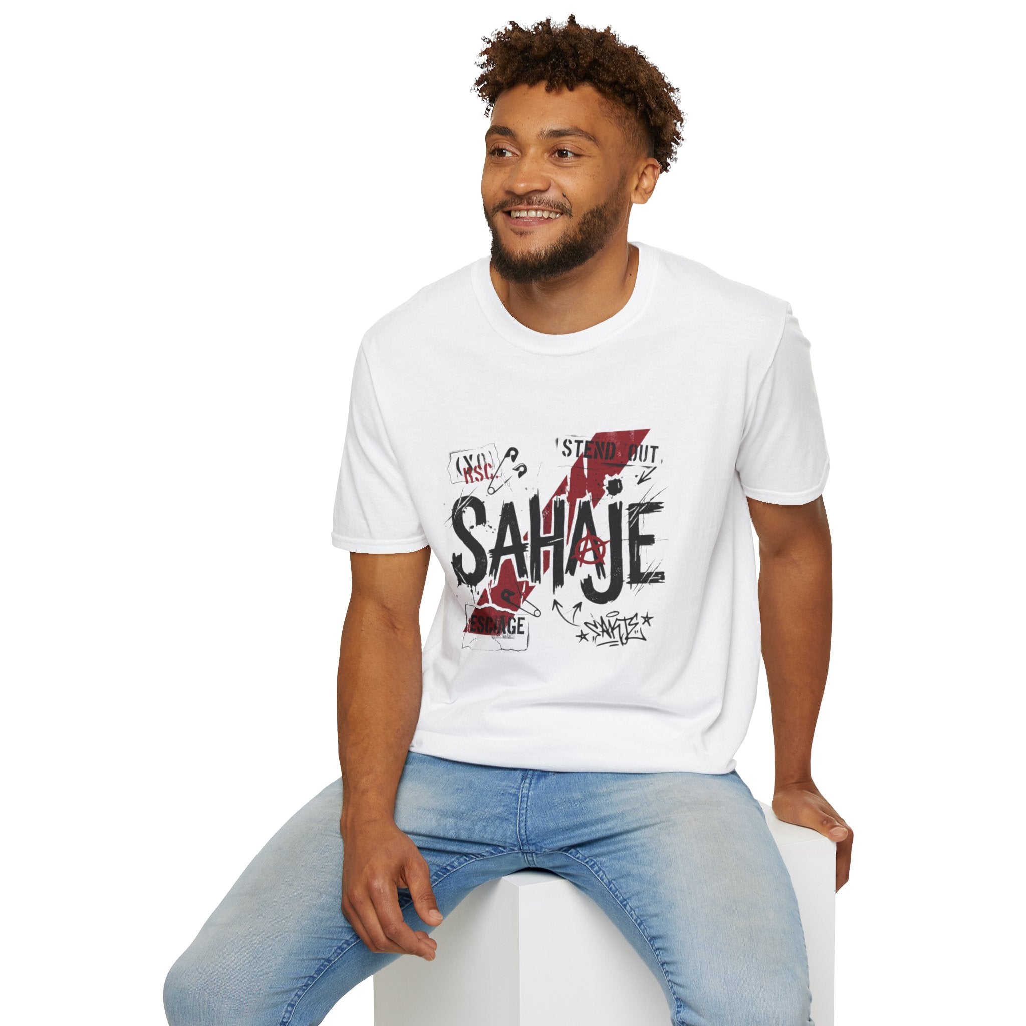 Sahajé Graphic T-Shirt — Bold Streetwear Tee with Red Slash Design