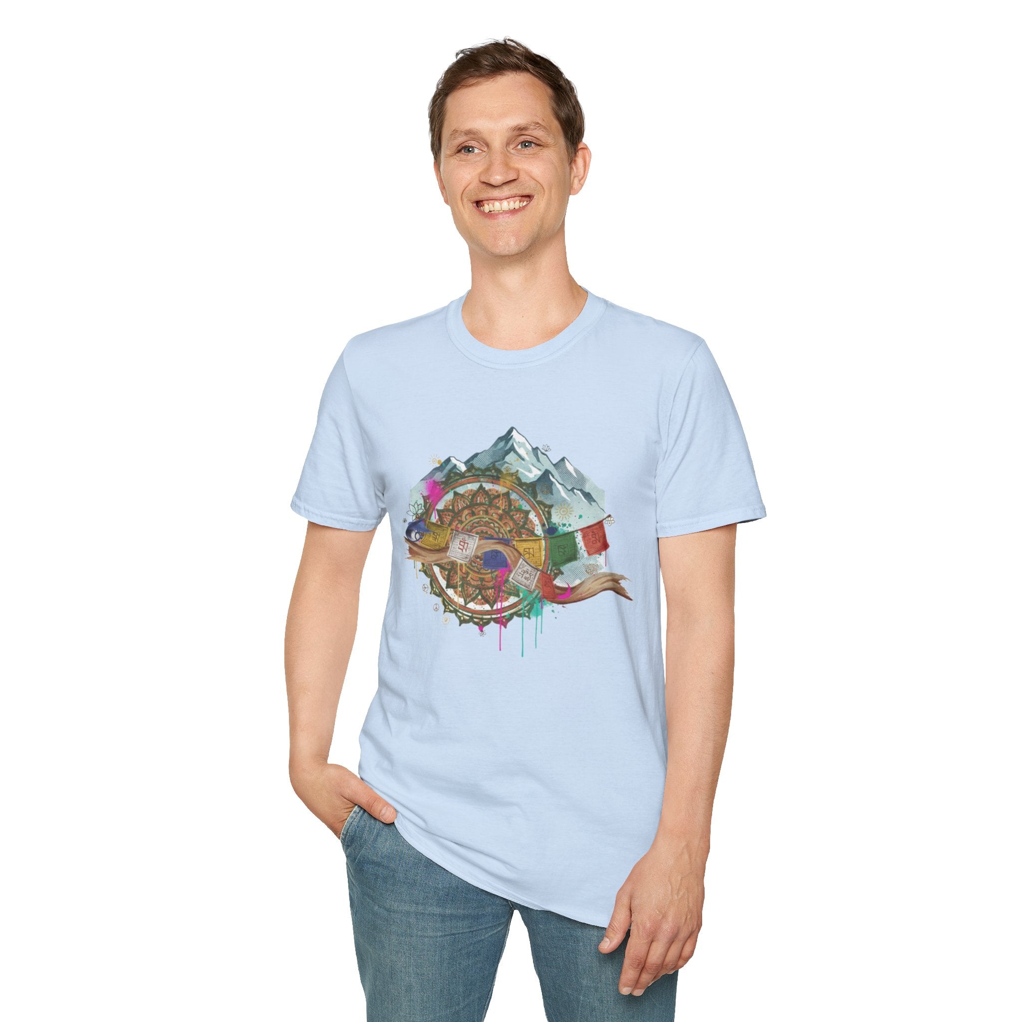 Adventure Compass T-Shirt — Mountain Compass with Prayer Flags & Colorful Globe