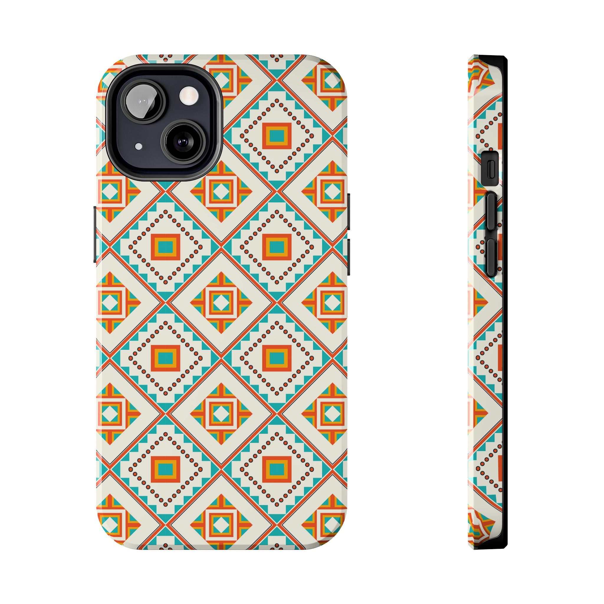 Tough Phone Case — Geometric Retro Tile Pattern, Orange & Teal Protective Cover