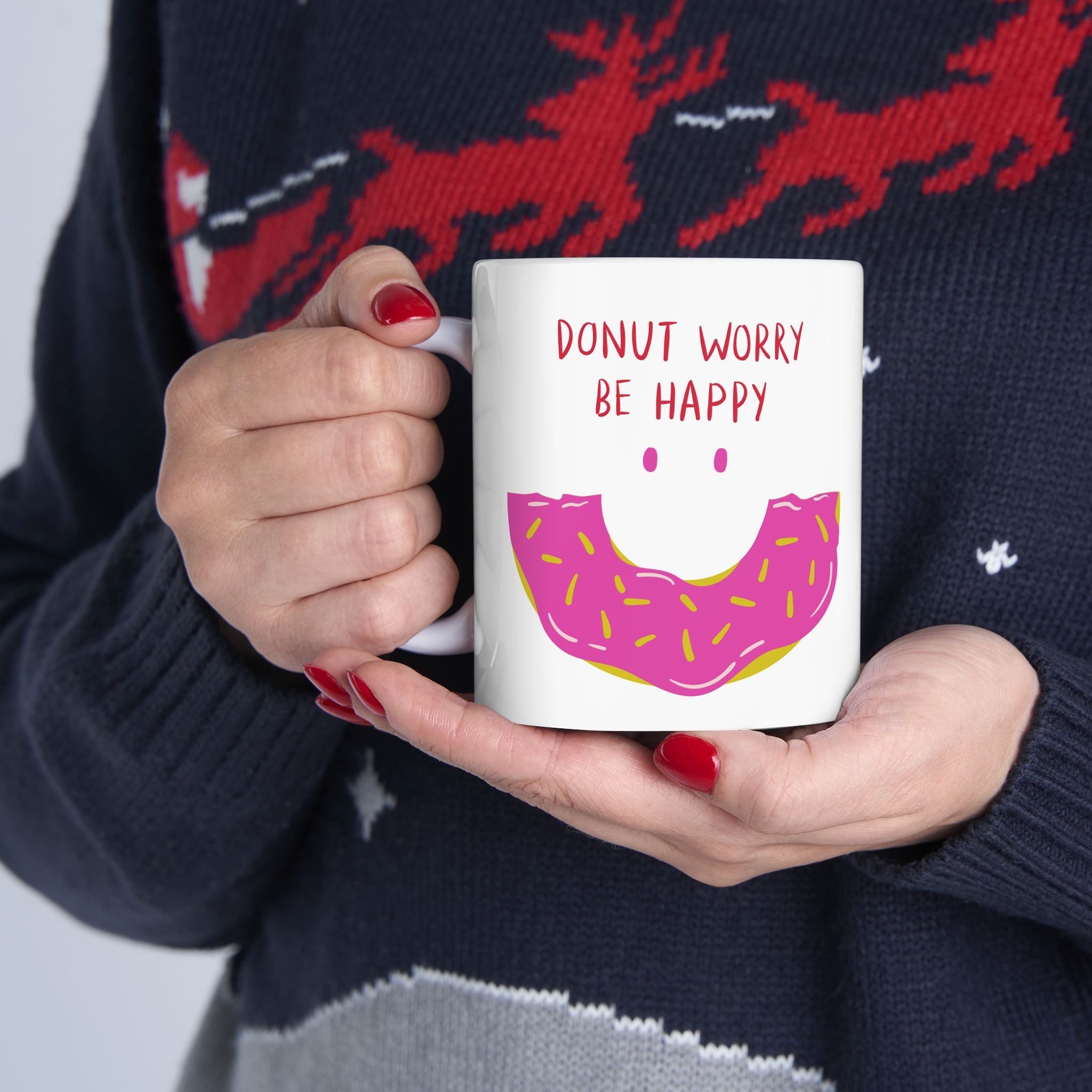 Happy Donut Ceramic Mug - Fun Coffee Cup for Foodies, Gift for Friends, Cute Kitchen Decor, Birthday Present, Donut Lover's Mug