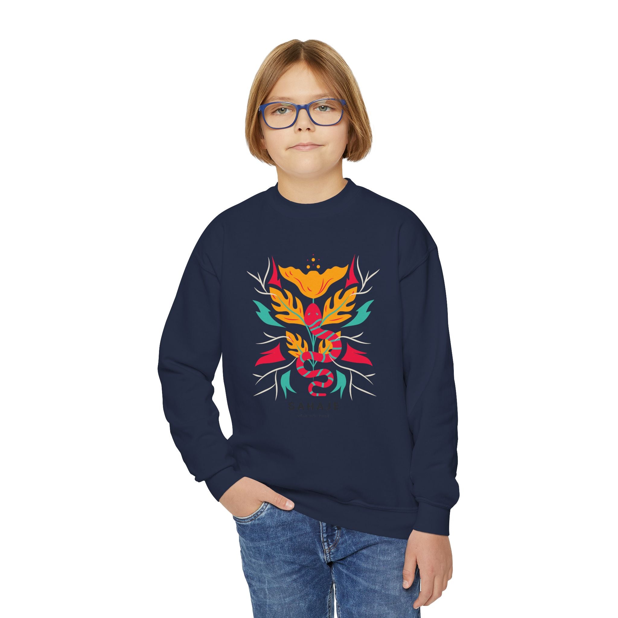 Youth Crewneck Sweatshirt — Vibrant Floral Snake Graphic “SAHAJE”