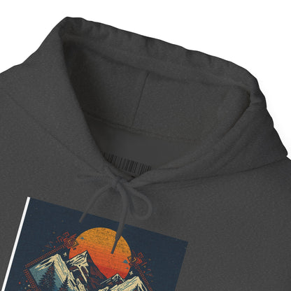 Mountain Sunset Hoodie – Retro Geometric Peaks & Rising Sun Sweatshirt