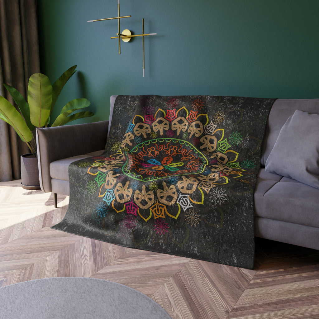 Crushed Velvet Blanket — Colorful Skull Mandala Throw (Boho Gothic Cozy Gift)
