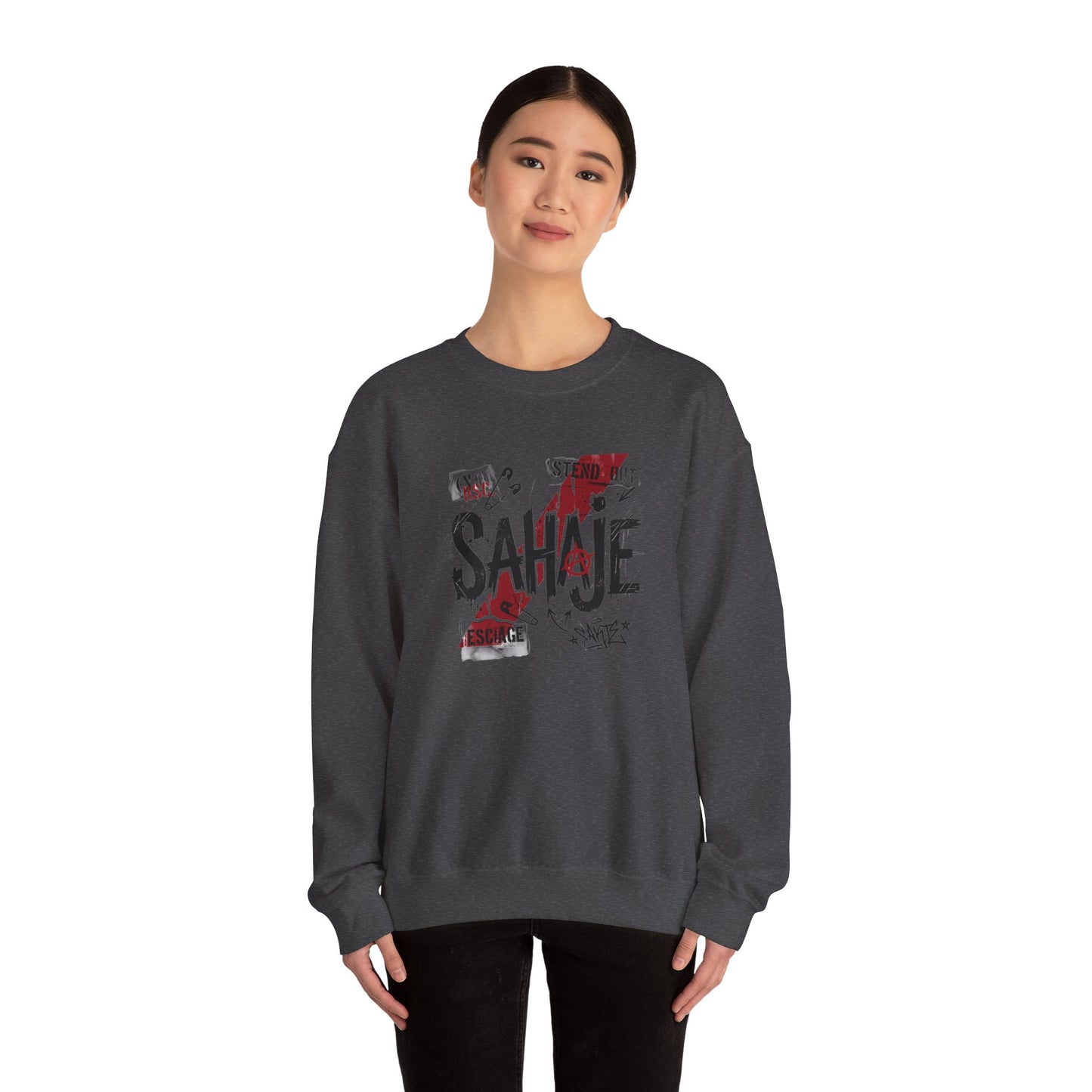 Crewneck Sweatshirt — 'Sahaje' Distressed Script Graphic
