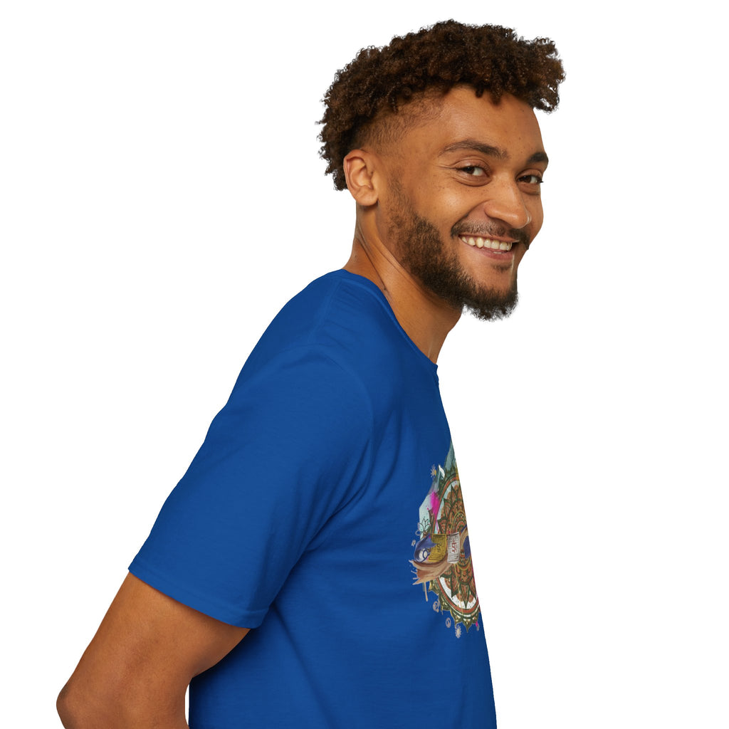 Adventure Compass T-Shirt — Mountain Compass with Prayer Flags & Colorful Globe