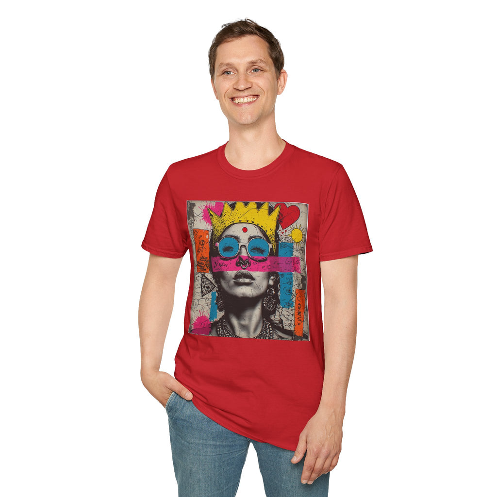 Abstract Pop Art Portrait T-Shirt — Neon Crown & Sunglasses Graphic
