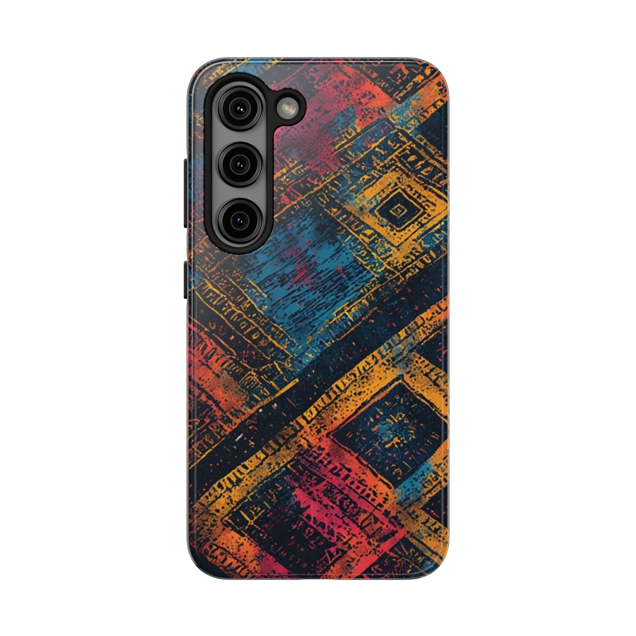 Tough Phone Case – Abstract Rustic Geometric Design (Blue, Orange, Magenta)