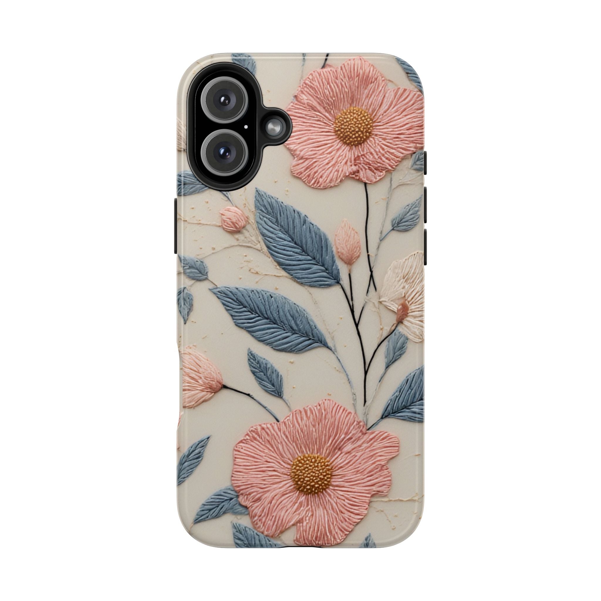 Floral Embroidered Tough Phone Case — Pink Blossom Protective Phone Cover