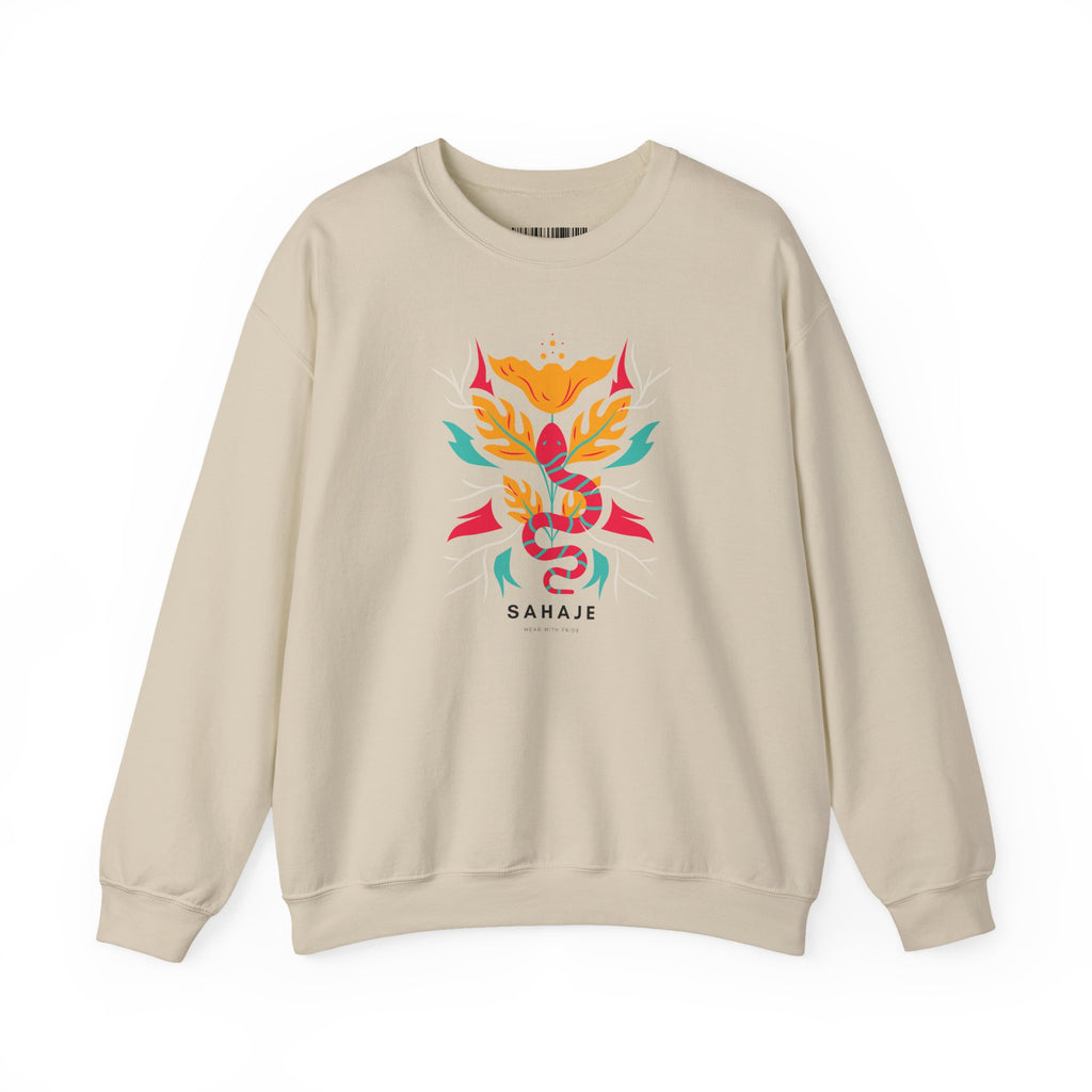 Sahajé Floral Snake Crewneck Sweatshirt — Colorful Botanical Serpent Graphic