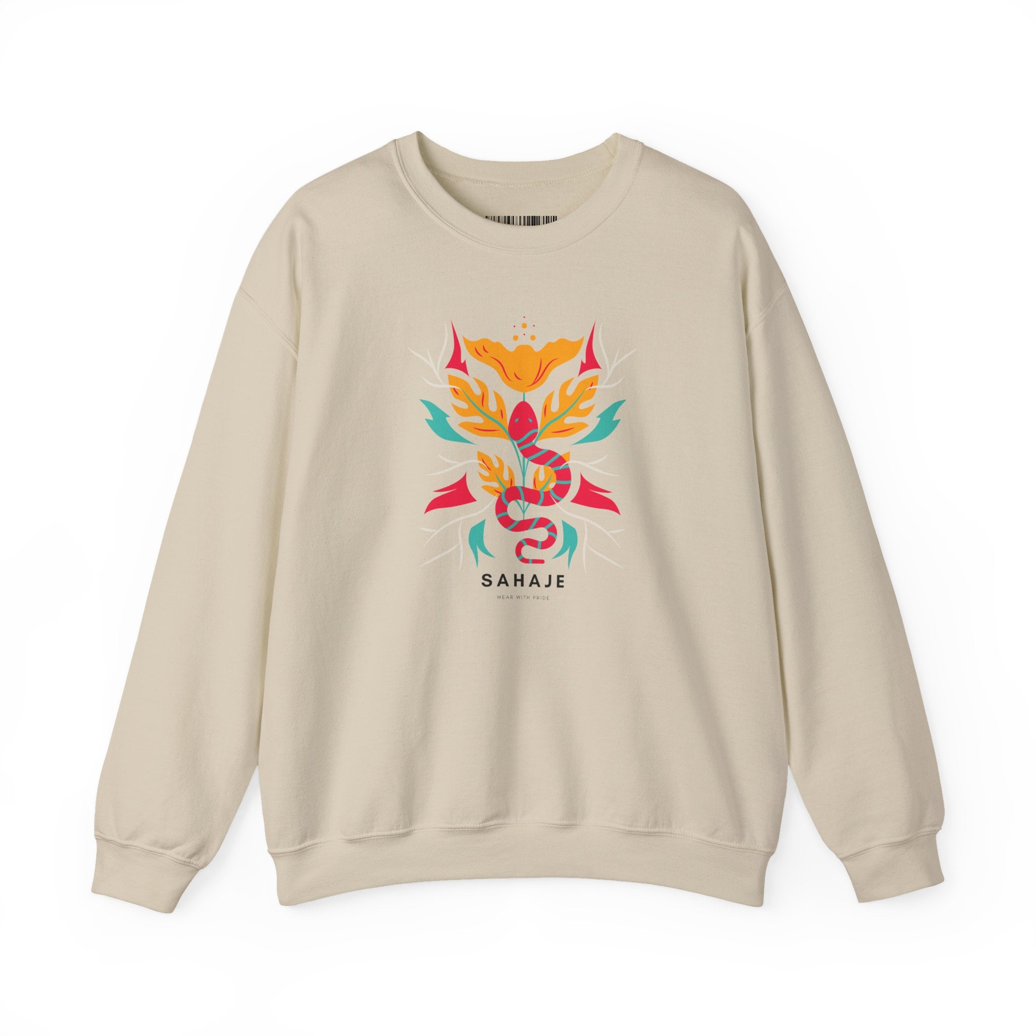 Sahajé Floral Snake Crewneck Sweatshirt — Colorful Botanical Serpent Graphic